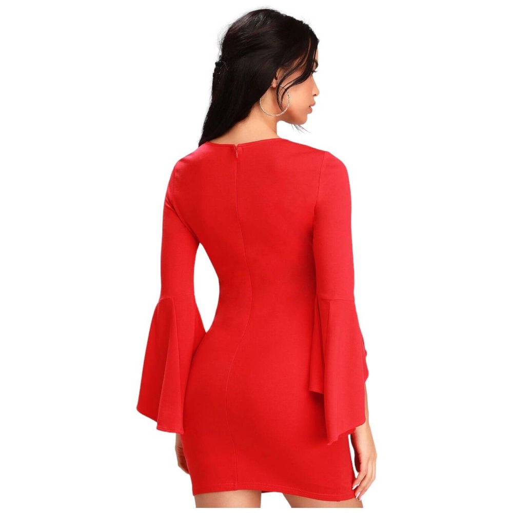 Lulus Gimme Some Flair Red Flounce Sleeve Bodycon Lined Womens Dress Red M - Picture 15 of 16